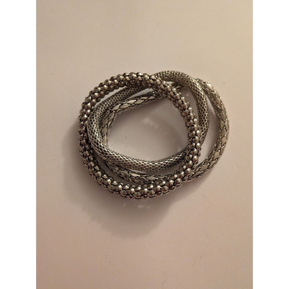 Silver Tone Multi Strand Stretch Bracelet Set Beaded Mesh Popcorn Stackable